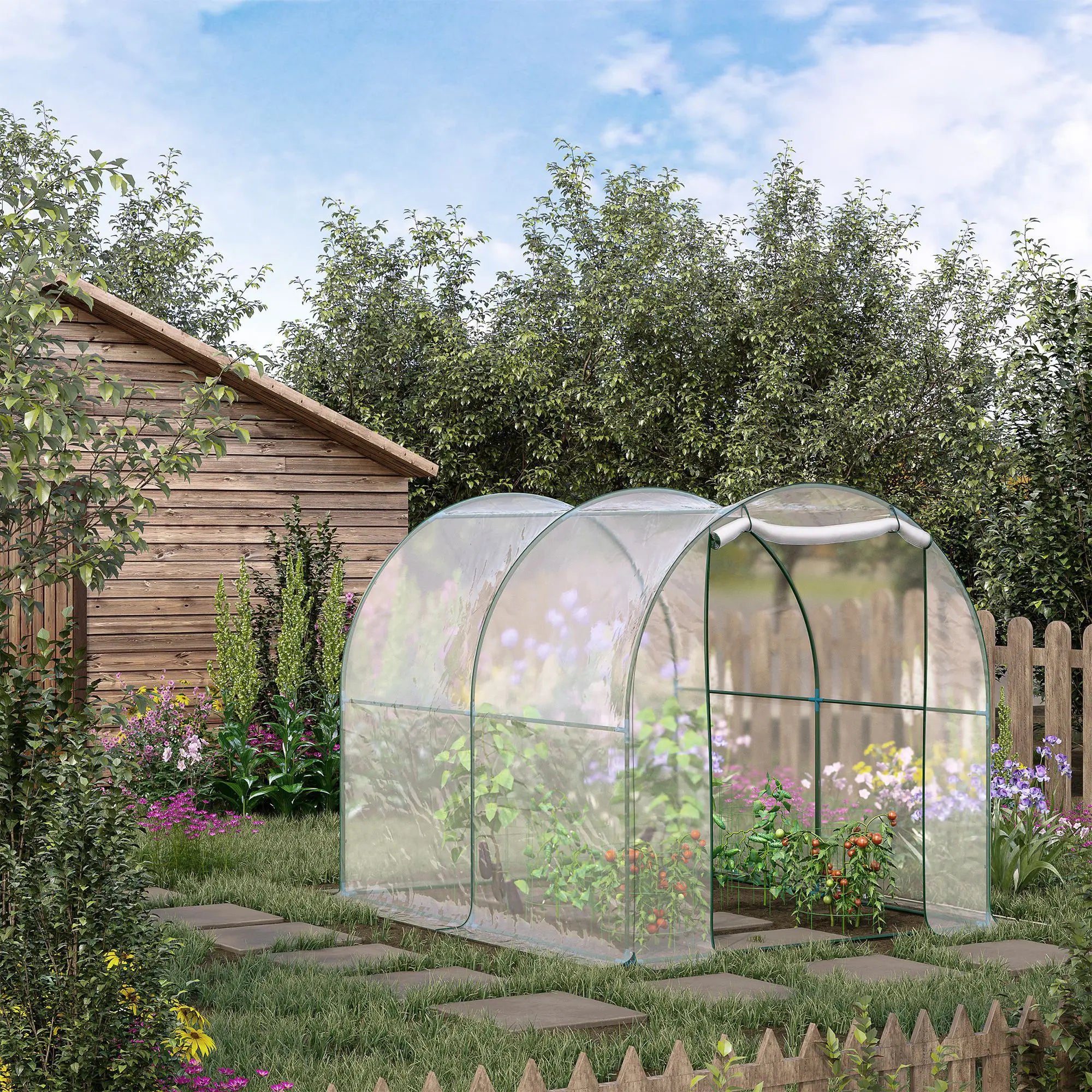 Walk-in Polytunnel Greenhouse with Roll-up Door Transparent Tunnel Greenhouse with Steel Frame and PVC Cover, 2.5 x 2m
