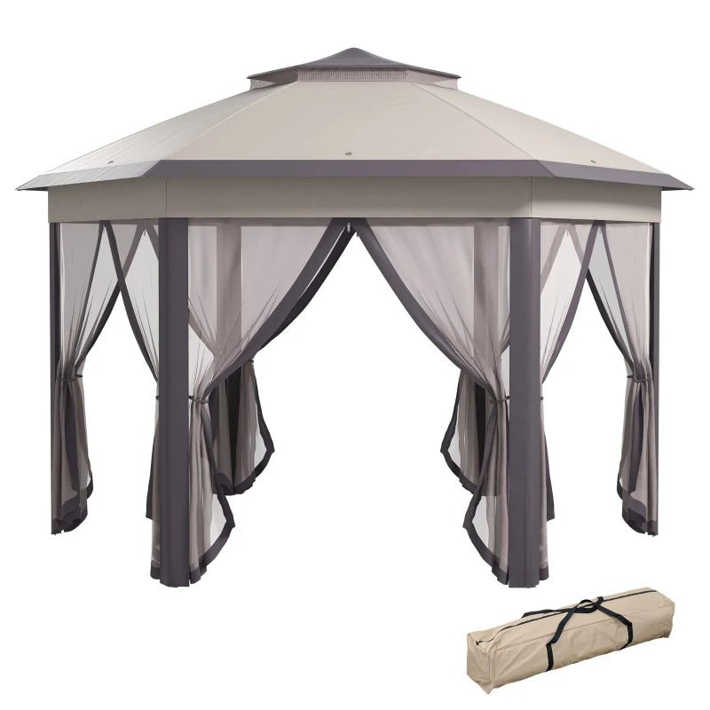 3 x 4m Garden Gazebo Hexagon Pop Up Gazebo Party Tent Canopy Double Roof Instant Shelter with Netting and Carry Bag for Outdoor Patio, Beige