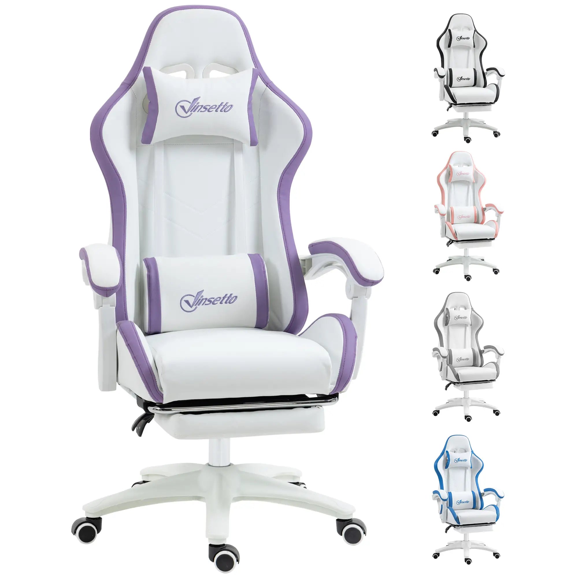 Computer Gaming Chair, PU Leather Desk Chair with Footrest, Swivel Task Chair with 135° Reclining Back and Lumbar Support, PC Chair for Adults, White and Purple Bargain Clearance Centre