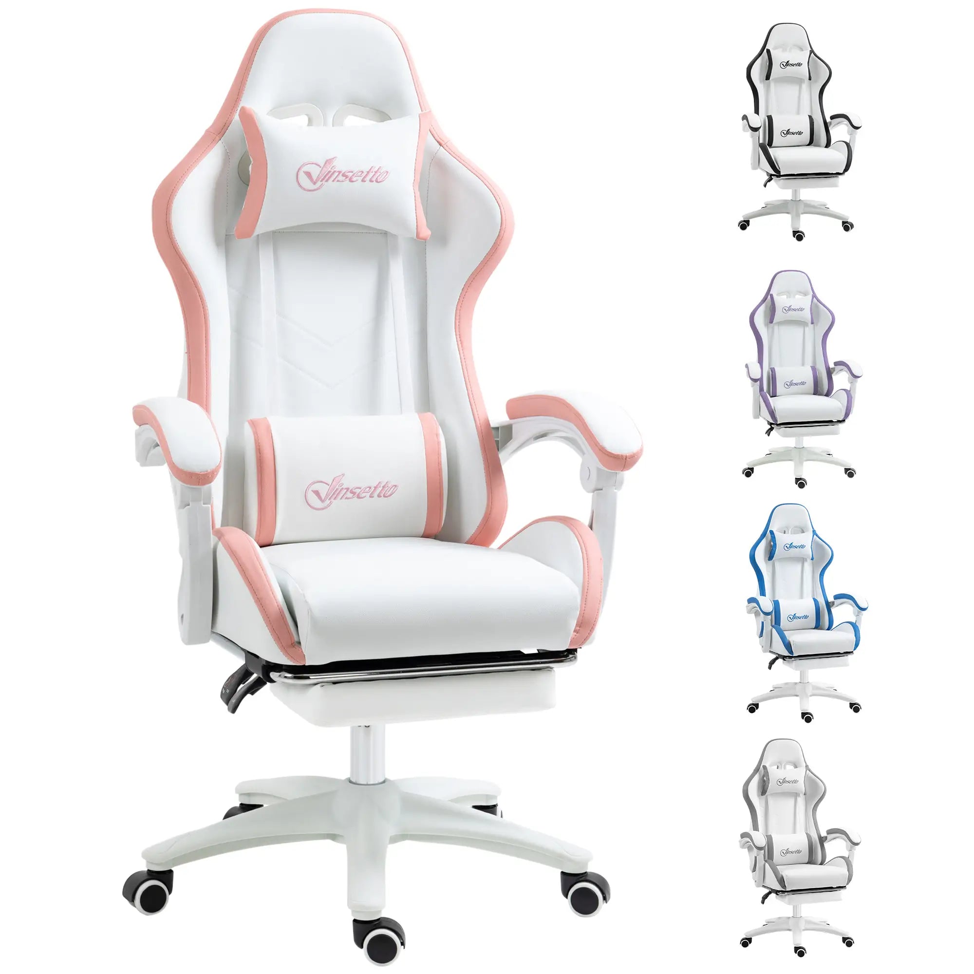 Computer Gaming Chair, PU Leather Desk Chair with Footrest, Swivel Task Chair with 135° Reclining Back and Lumbar Support, PC Chair for Adults, White and Pink Bargain Clearance Centre