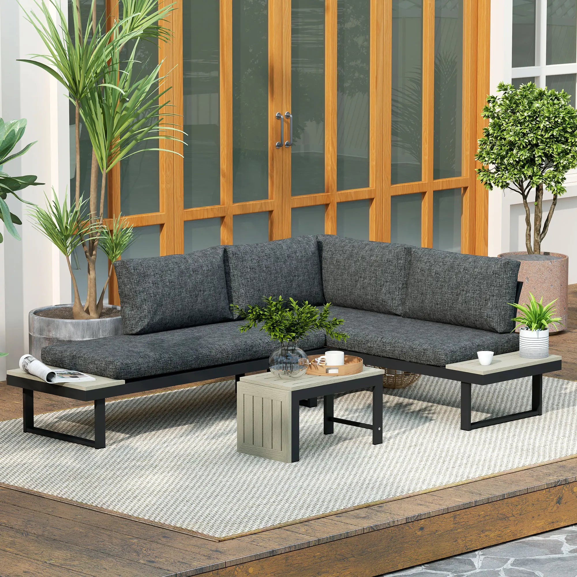 4 Seater L Shaped Aluminium Sectional Garden Furniture Set with 2 Loveseats and Wood-Plastic Coffee Table - Dark Grey