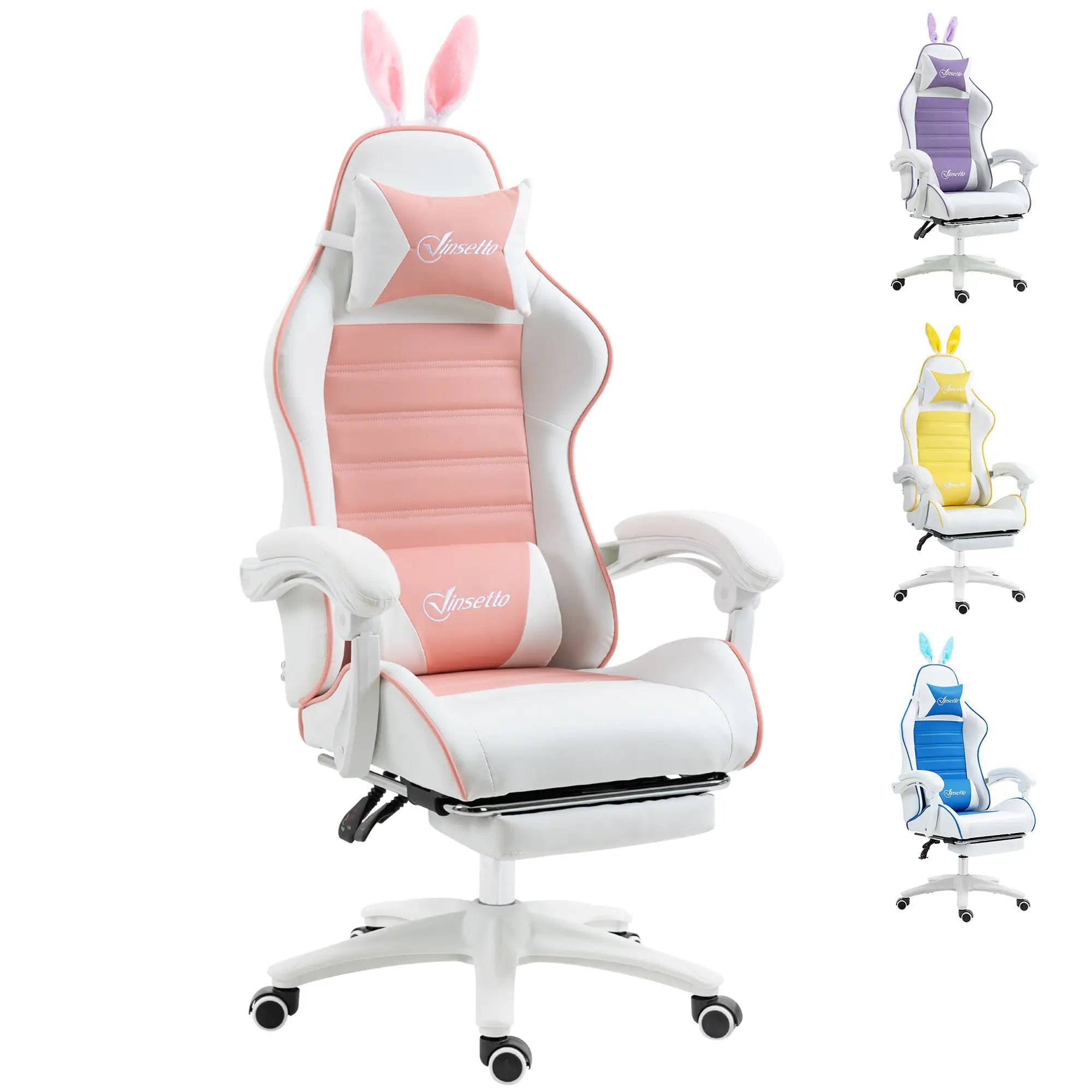 Racing Gaming Chair, Reclining PU Leather Computer Chair with Removable Rabbit Ears, Footrest, Headrest and Lumber Support, Pink Bargain Clearance Centre