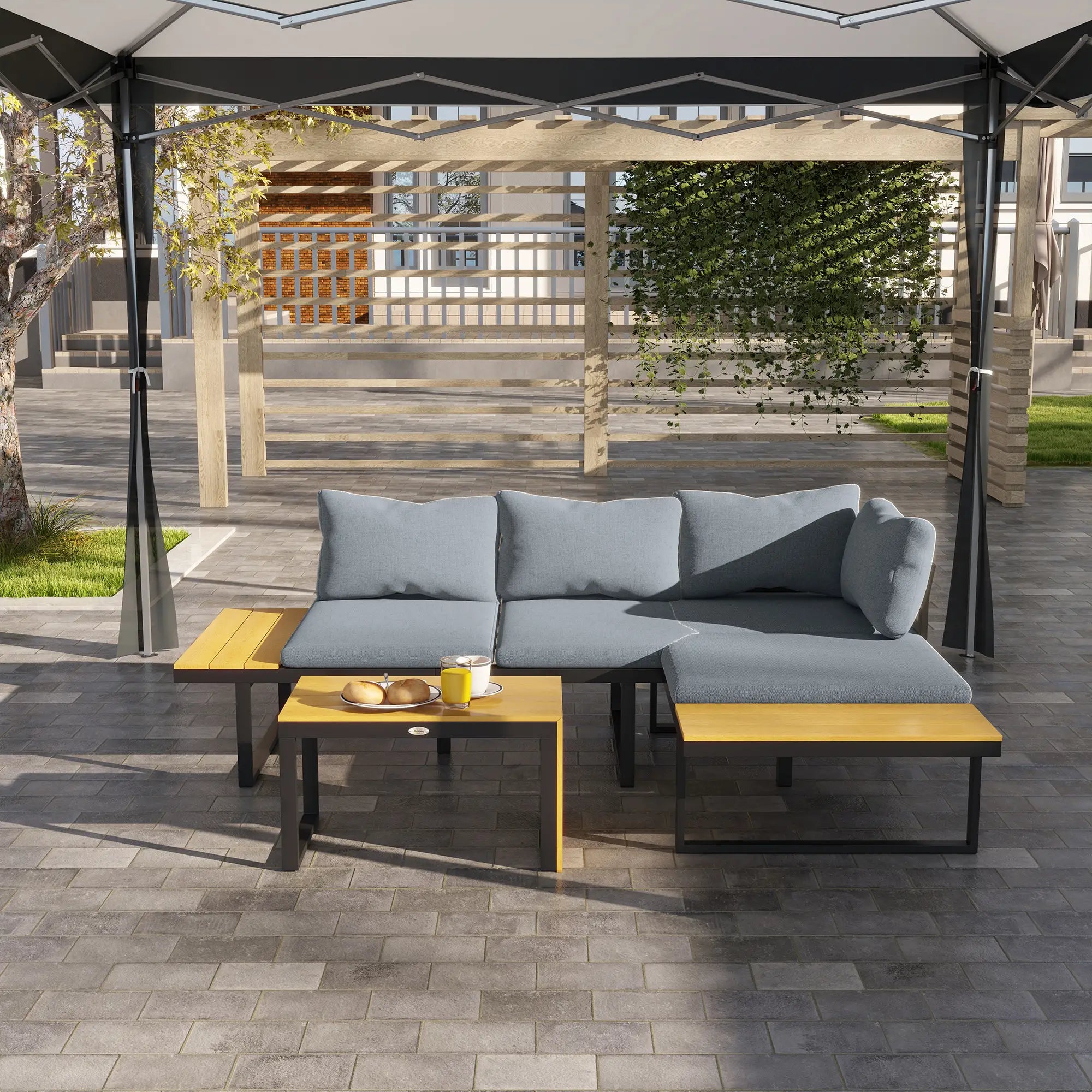 3 Pieces Patio Furniture Set, Outdoor Garden Sofa Conversation Set w/ Padded Cushions, Wood Grain Plastic Top Table and Side Panel, Dark Grey