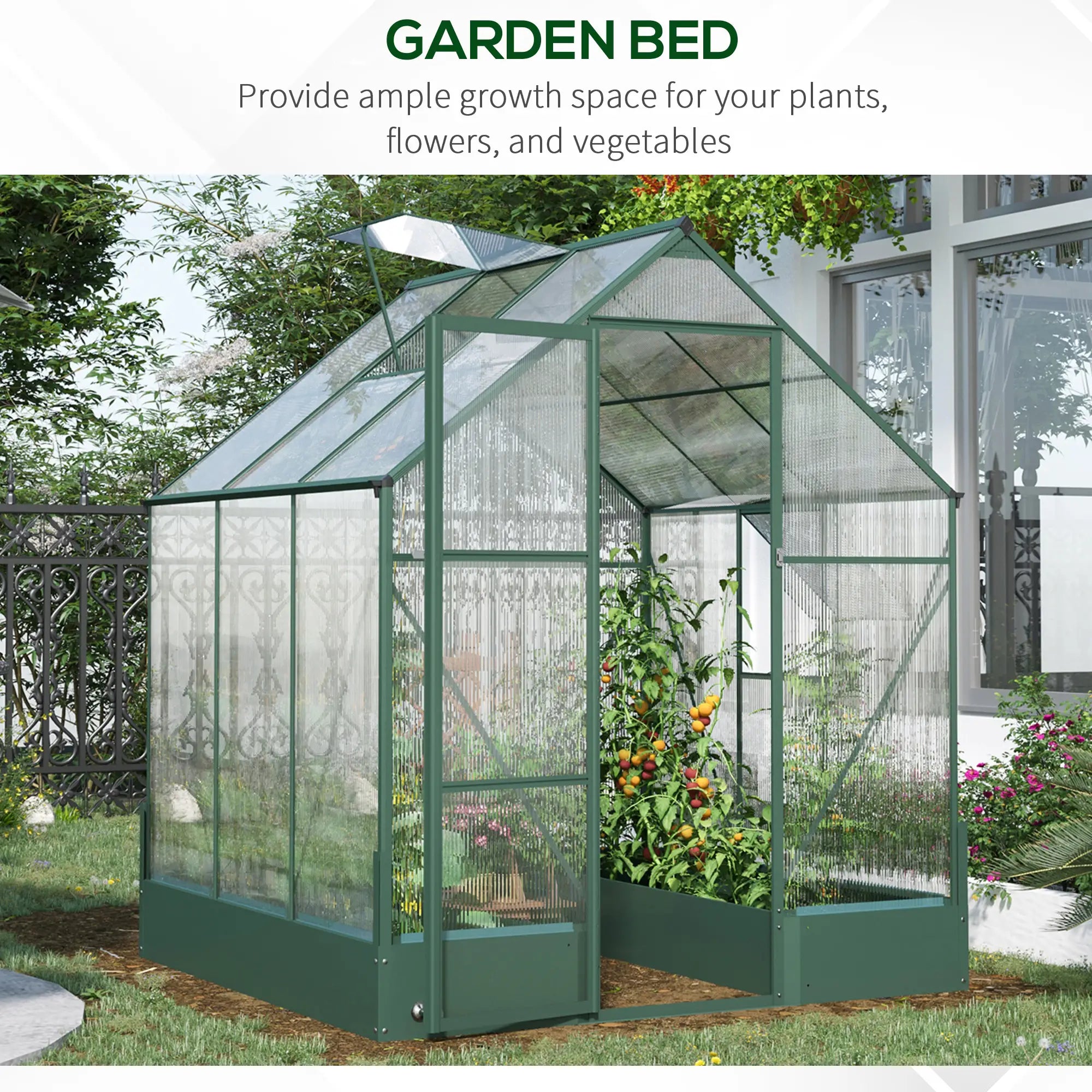 6x6 FT Polycarbonate Greenhouse with Base and Raised Bed, Walk-in Greenhouse with Aluminium Frame, Temperature Controlled Window, Foundation for Plants, Flowers, Vegetable