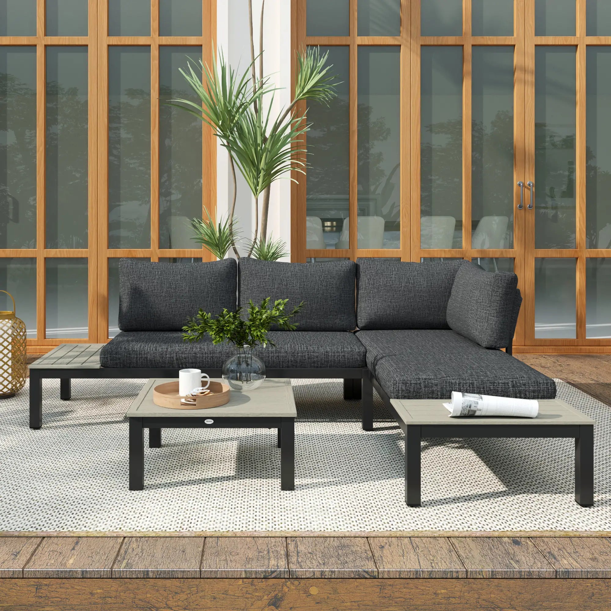 3 Pieces Garden Furniture Set, Aluminium 4 Seater Corner Sofa Set with 2 Loveseats, Coffee Table and Side Trays, Outdoor Conversation Furniture with Cushions for Garden, Dark Grey