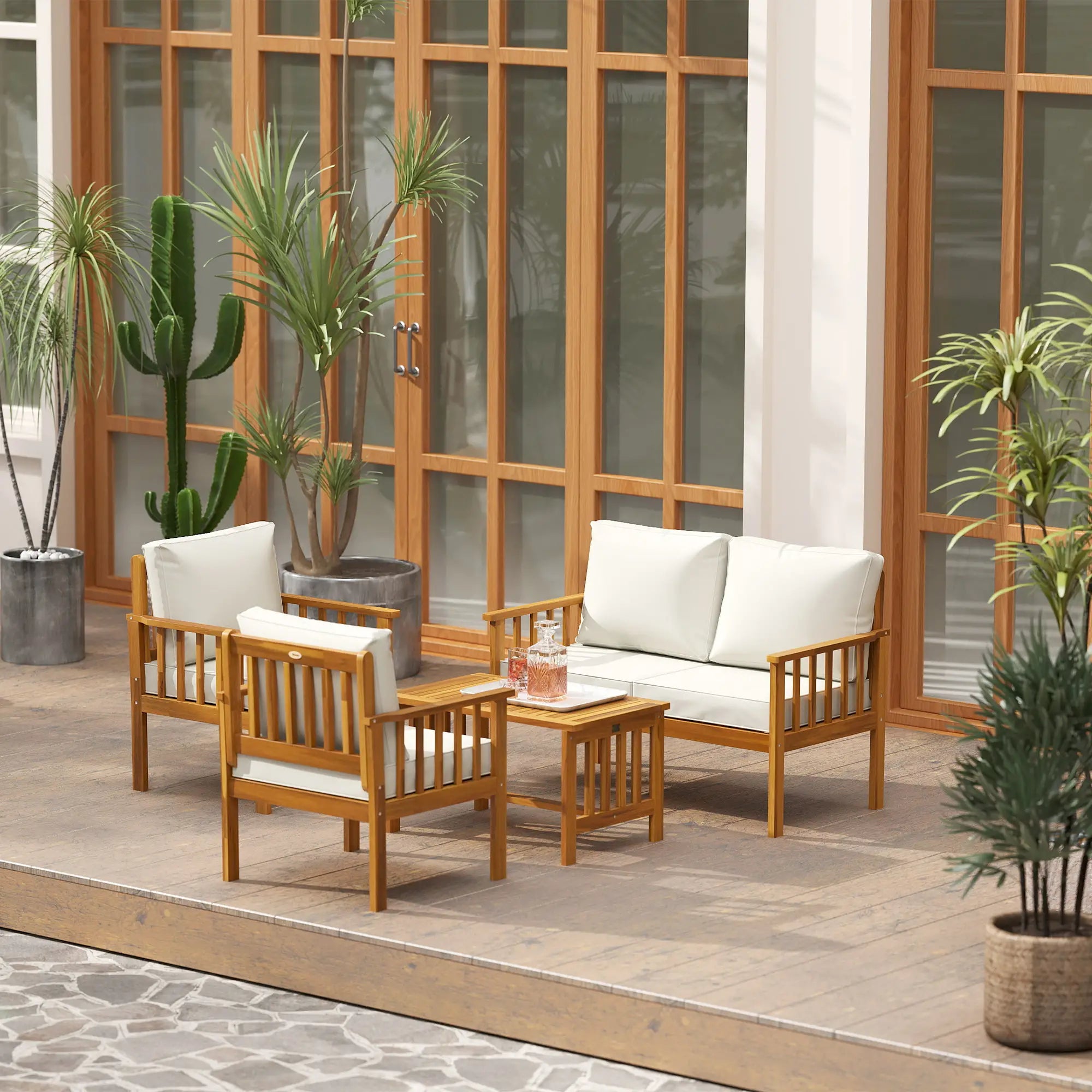 Four-Piece Acacia Wood Garden Sofa Set - Teak/Cream