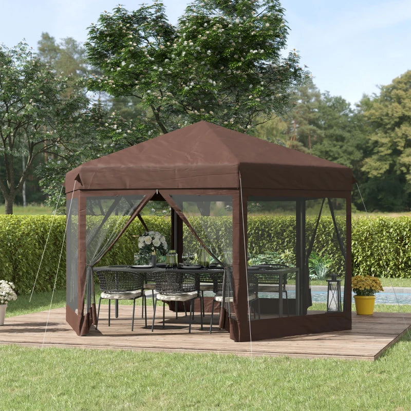 3.5m x 4m Hexagonal Pop Up Gazebo, Canopy Tent Sun Shelter for Patio Outdoor Party, Height Adjustable, with Mosquito Netting and Carry Bag - Brown