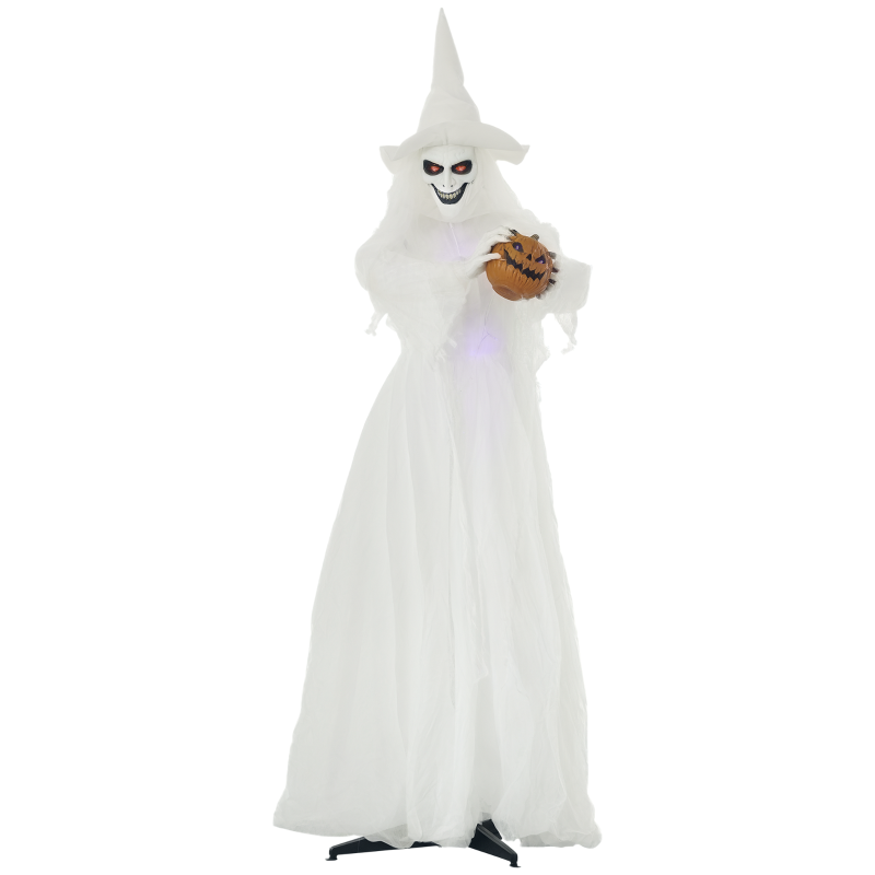74 Inch Halloween Decorations White Witch Holding Pumpkin Head, Standing Skeleton Ghost Prop Life Size with Light Up Eyes and Body