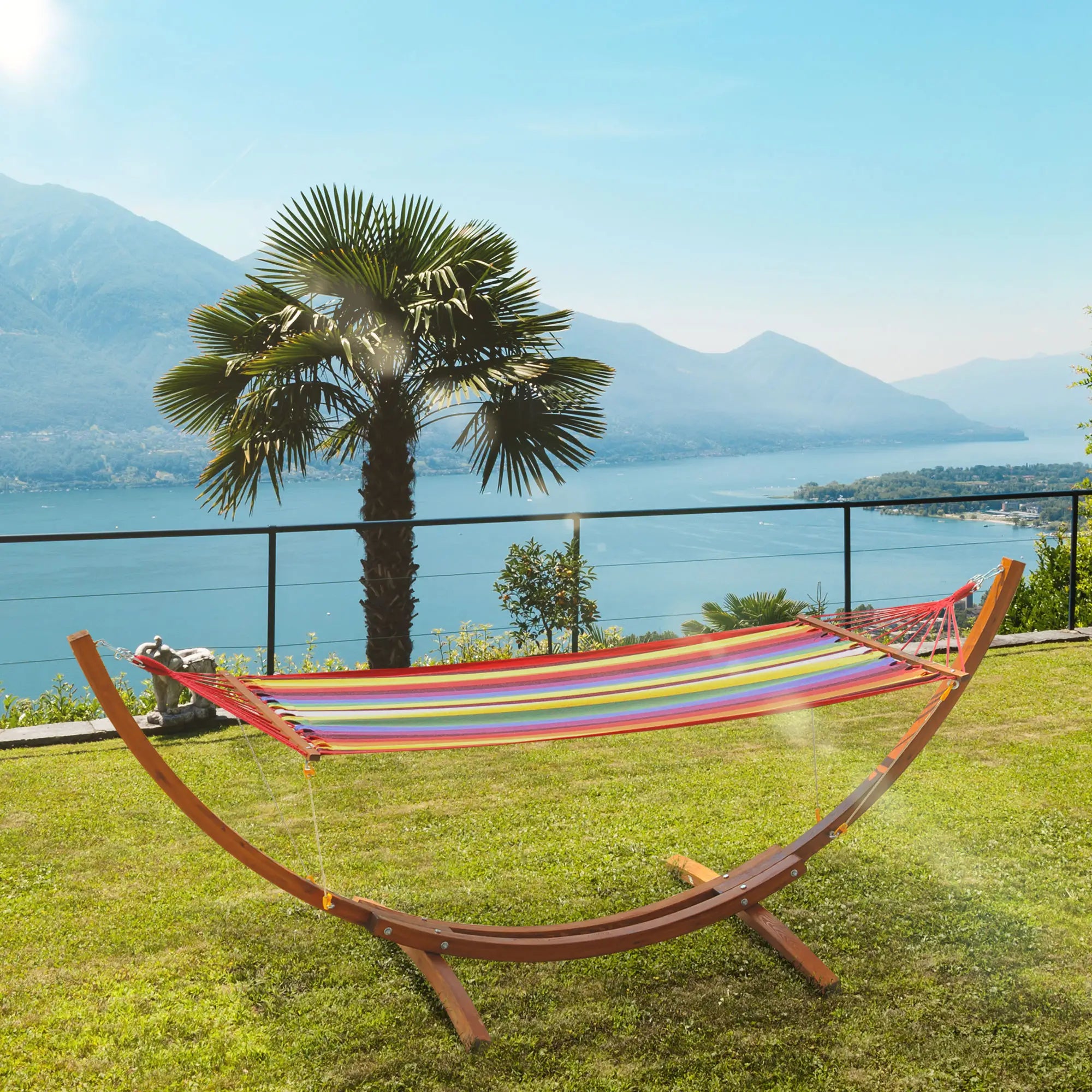 Outdoor Hammock with Stand, Free Standing Hammock with Arc Wooden Frame and 200 x 100cm Fabric, Garden Swing Hanging Bed with Safe Ropes, Multicolour