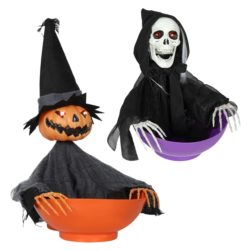 2pcs Animated Halloween Skull Bowl, Skeleton Ghost Skull Candy Dish with LED Eyes, Moving Body and Creepy Sound for Party Decoration, Festival Haunted Houses