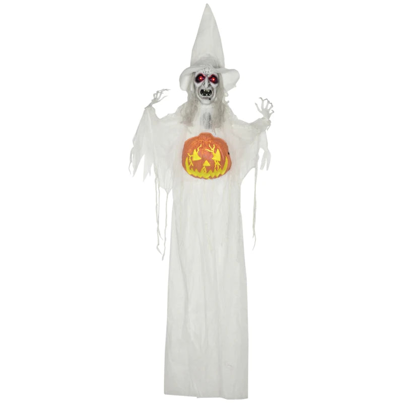 6ft Outdoor Halloween Decoration Witch with Pumpkin, Standing Skeleton Witch Prop Life Size with Sound and Motion Activated, Light Up Eyes, Laughing Sound, Posable Arms, White