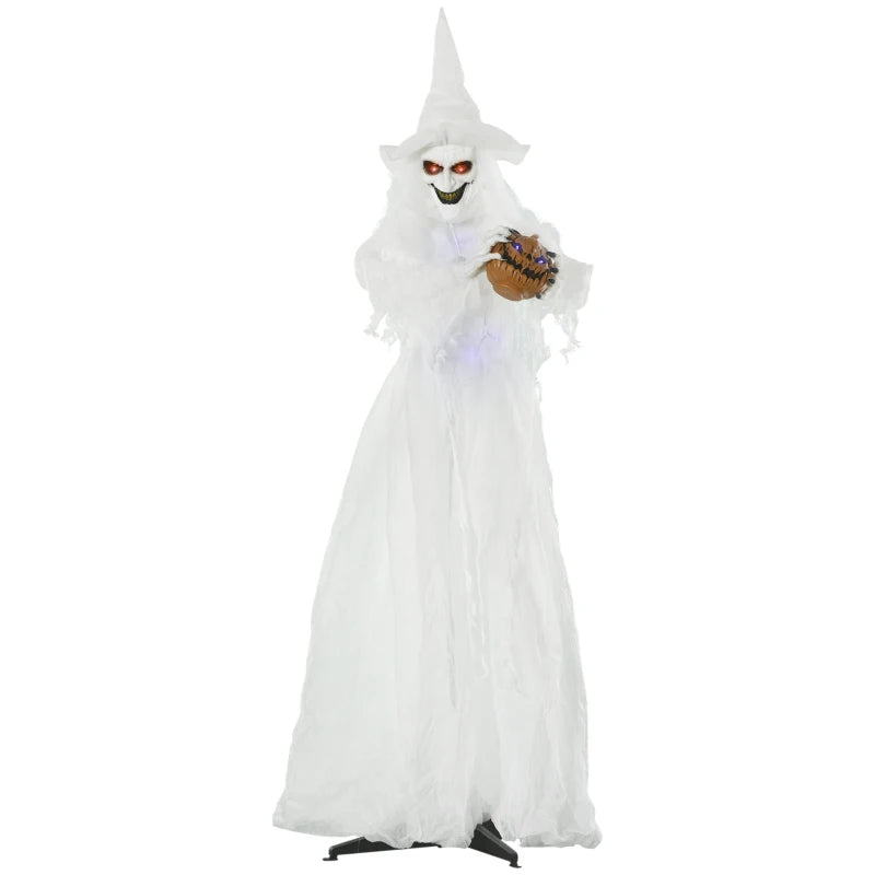 74 Inch Halloween Decorations White Witch Holding Pumpkin Head, Standing Skeleton Ghost Prop Life Size with Light Up Eyes and Body