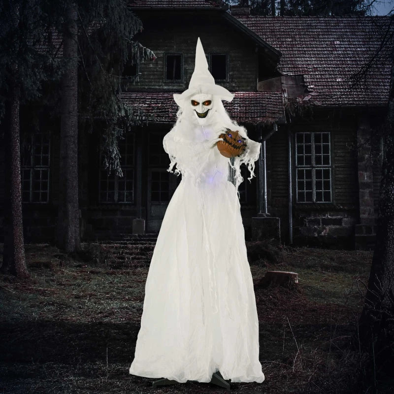 74 Inch Halloween Decorations White Witch Holding Pumpkin Head, Standing Skeleton Ghost Prop Life Size with Light Up Eyes and Body