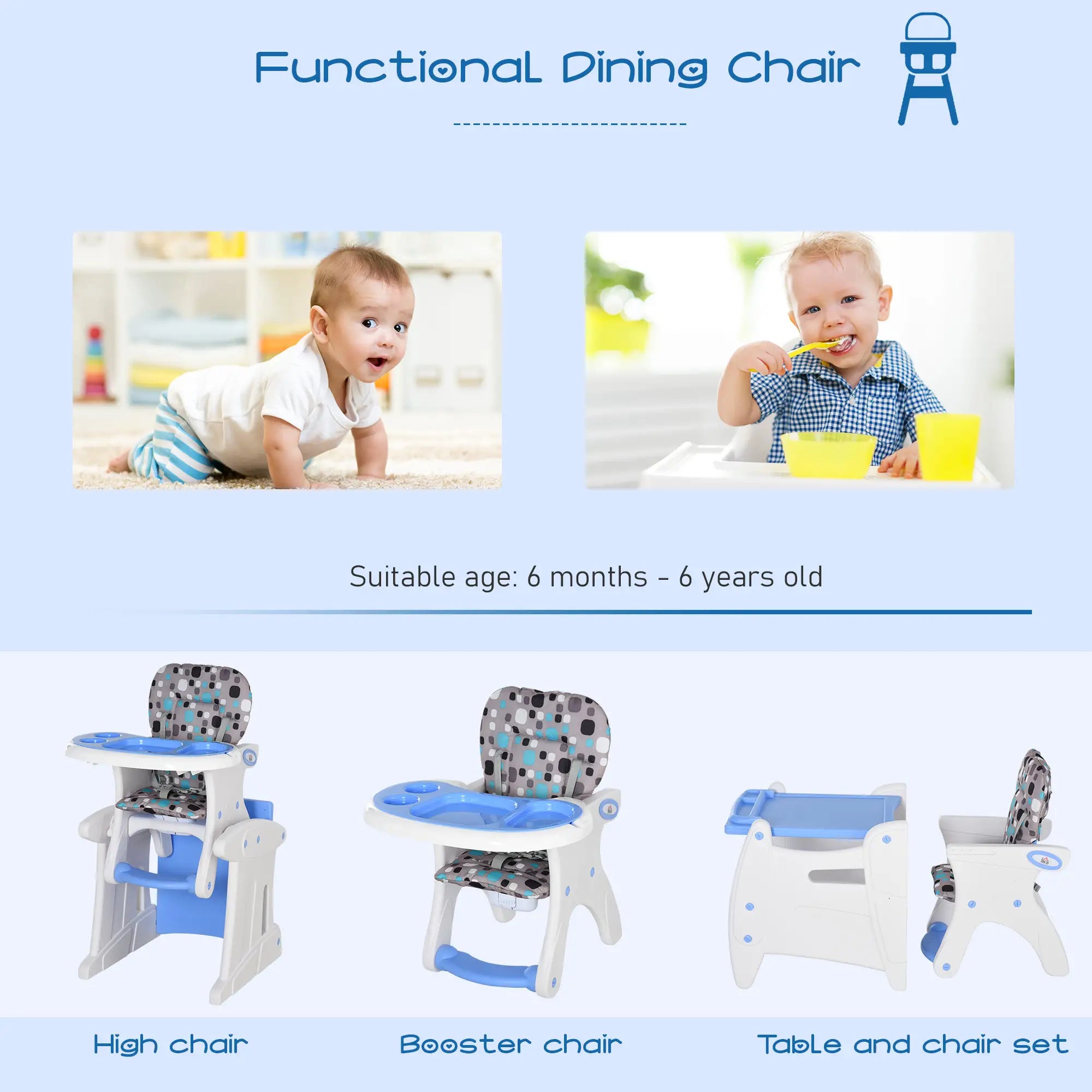 2 in 1 Convertible Baby High Chair Toddler Table Chair Infant Feeding Seat Removable Food Tray Safety Harness Blue 4.7