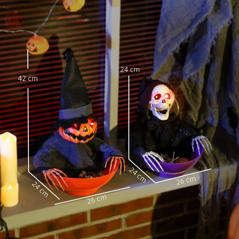 2pcs Animated Halloween Skull Bowl, Skeleton Ghost Skull Candy Dish with LED Eyes, Moving Body and Creepy Sound for Party Decoration, Festival Haunted Houses