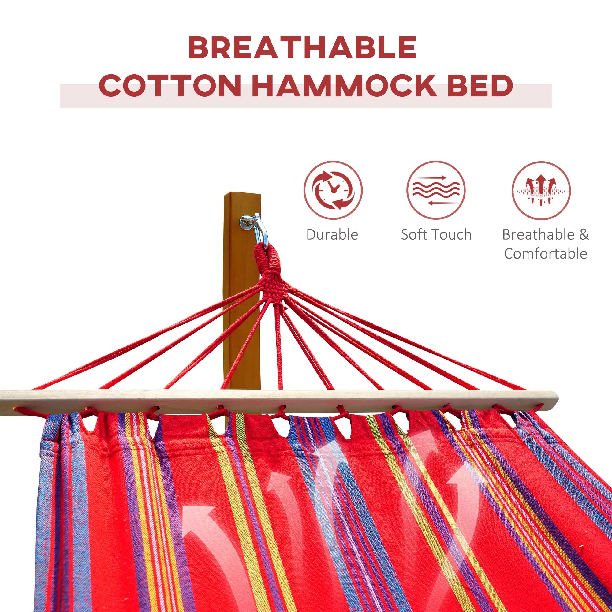 Outdoor Hammock with Stand, Free Standing Hammock with Arc Wooden Frame and 200 x 100cm Fabric, Garden Swing Hanging Bed with Safe Ropes, Multicolour