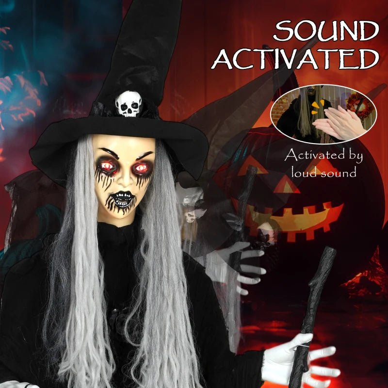 170 cm Life Size Halloween Animated Standing Witch & Staff with Glowing LED Eyes, Spooky Witch Scary Halloween Decorations, Battery Operated, Indoor Party Props