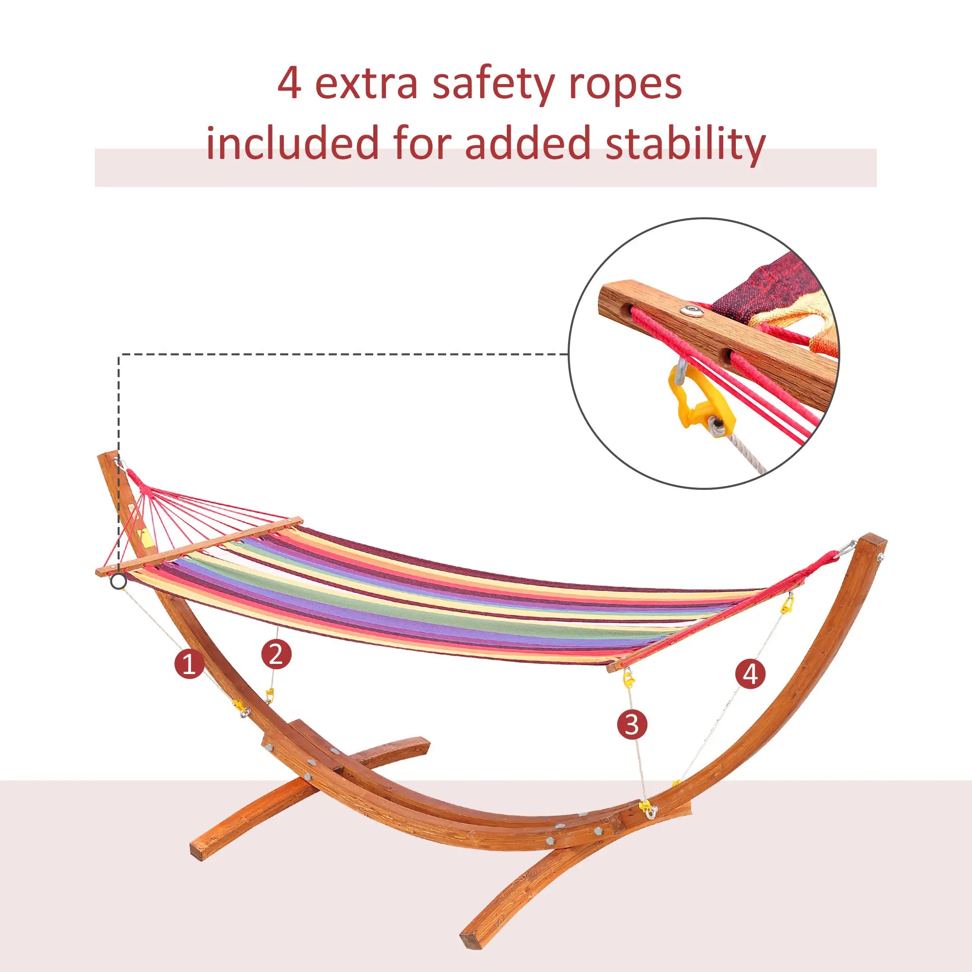Outdoor Hammock with Stand, Free Standing Hammock with Arc Wooden Frame and 200 x 100cm Fabric, Garden Swing Hanging Bed with Safe Ropes, Multicolour