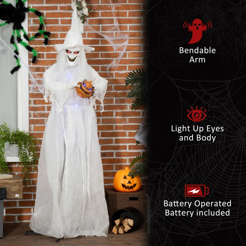 74 Inch Halloween Decorations White Witch Holding Pumpkin Head, Standing Skeleton Ghost Prop Life Size with Light Up Eyes and Body