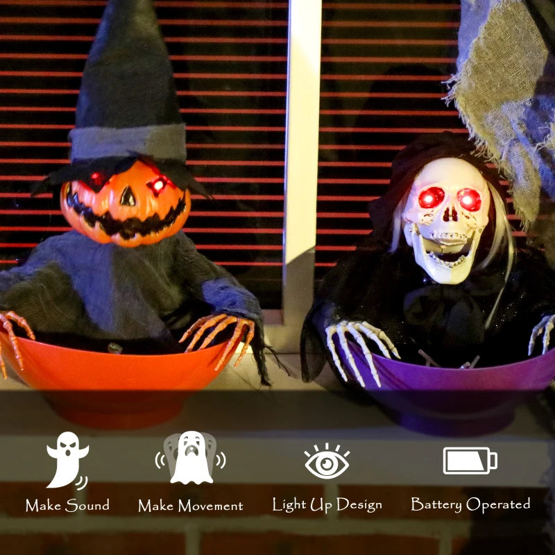 2pcs Animated Halloween Skull Bowl, Skeleton Ghost Skull Candy Dish with LED Eyes, Moving Body and Creepy Sound for Party Decoration, Festival Haunted Houses