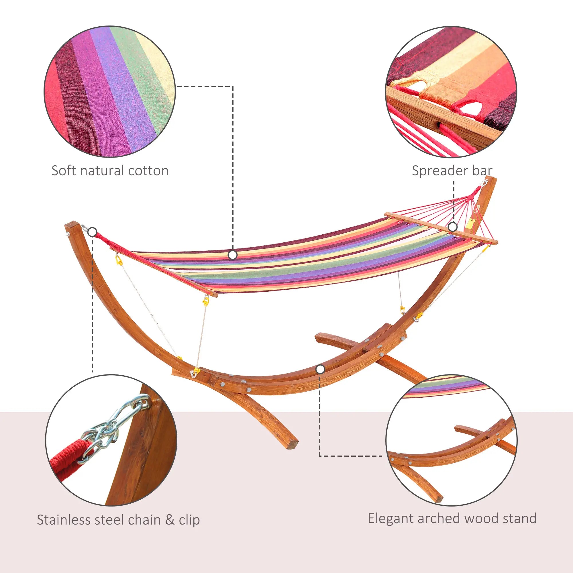 Outdoor Hammock with Stand, Free Standing Hammock with Arc Wooden Frame and 200 x 100cm Fabric, Garden Swing Hanging Bed with Safe Ropes, Multicolour