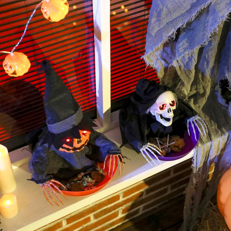 2pcs Animated Halloween Skull Bowl, Skeleton Ghost Skull Candy Dish with LED Eyes, Moving Body and Creepy Sound for Party Decoration, Festival Haunted Houses
