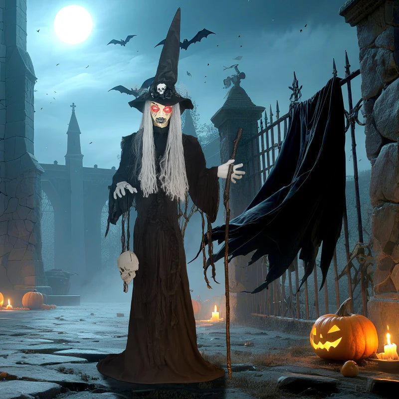 170 cm Life Size Halloween Animated Standing Witch & Staff with Glowing LED Eyes, Spooky Witch Scary Halloween Decorations, Battery Operated, Indoor Party Props