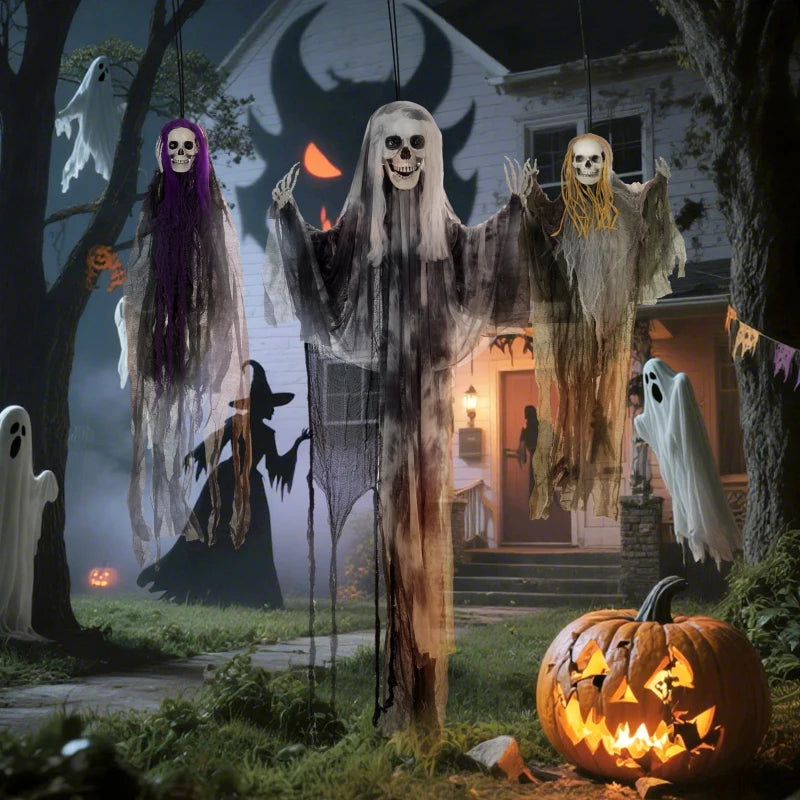 Set of 3 Hanging Skeleton Halloween Decorations, Scary Flying Ghost for Garden, Party, 90/110/170cm