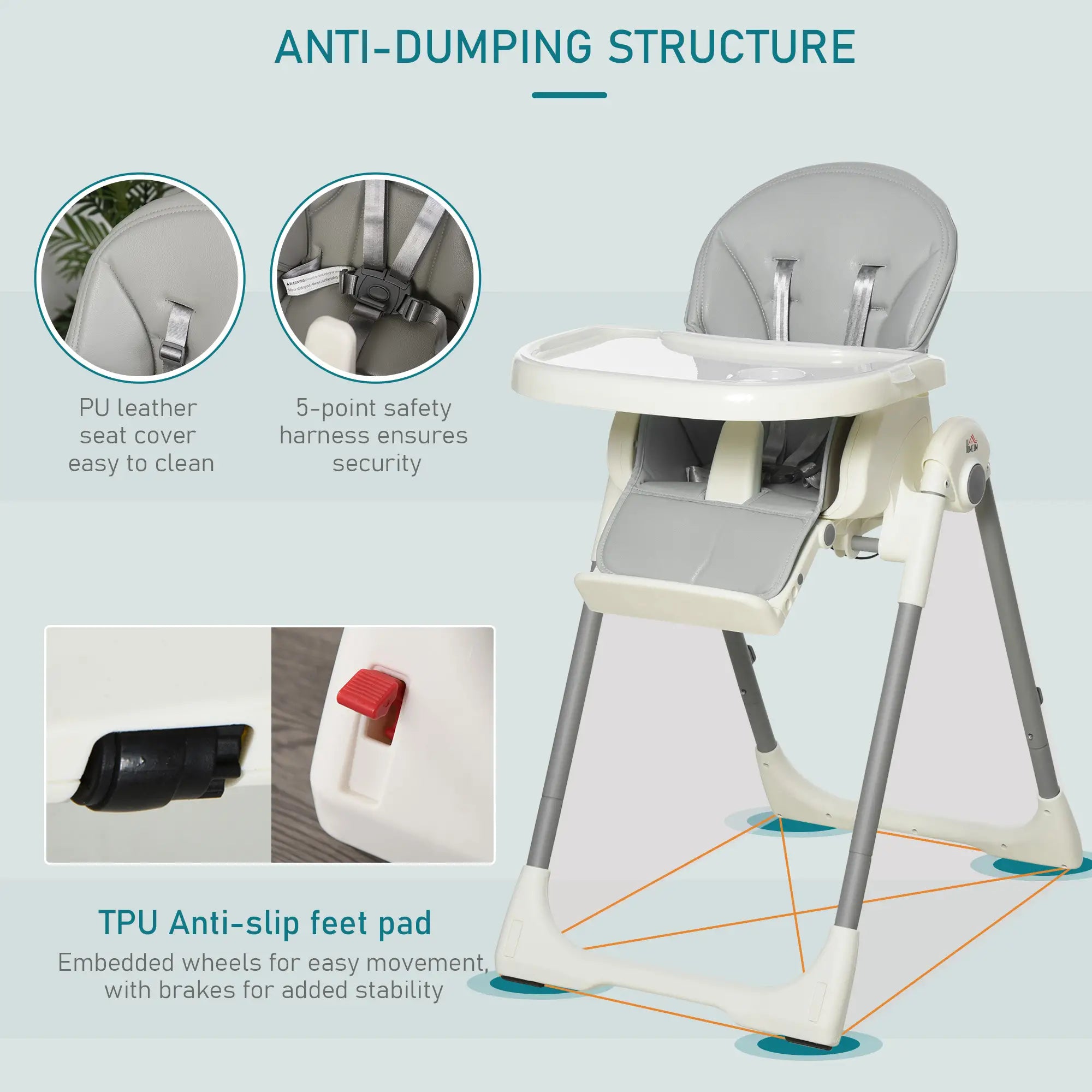 Foldable Baby High Chair Convertible Feeding Chair Height Adjustable with Adjustable Backrest Footrest and Removable Tray 5 Point Safety Harness for Kids 6 - 36 Months Grey