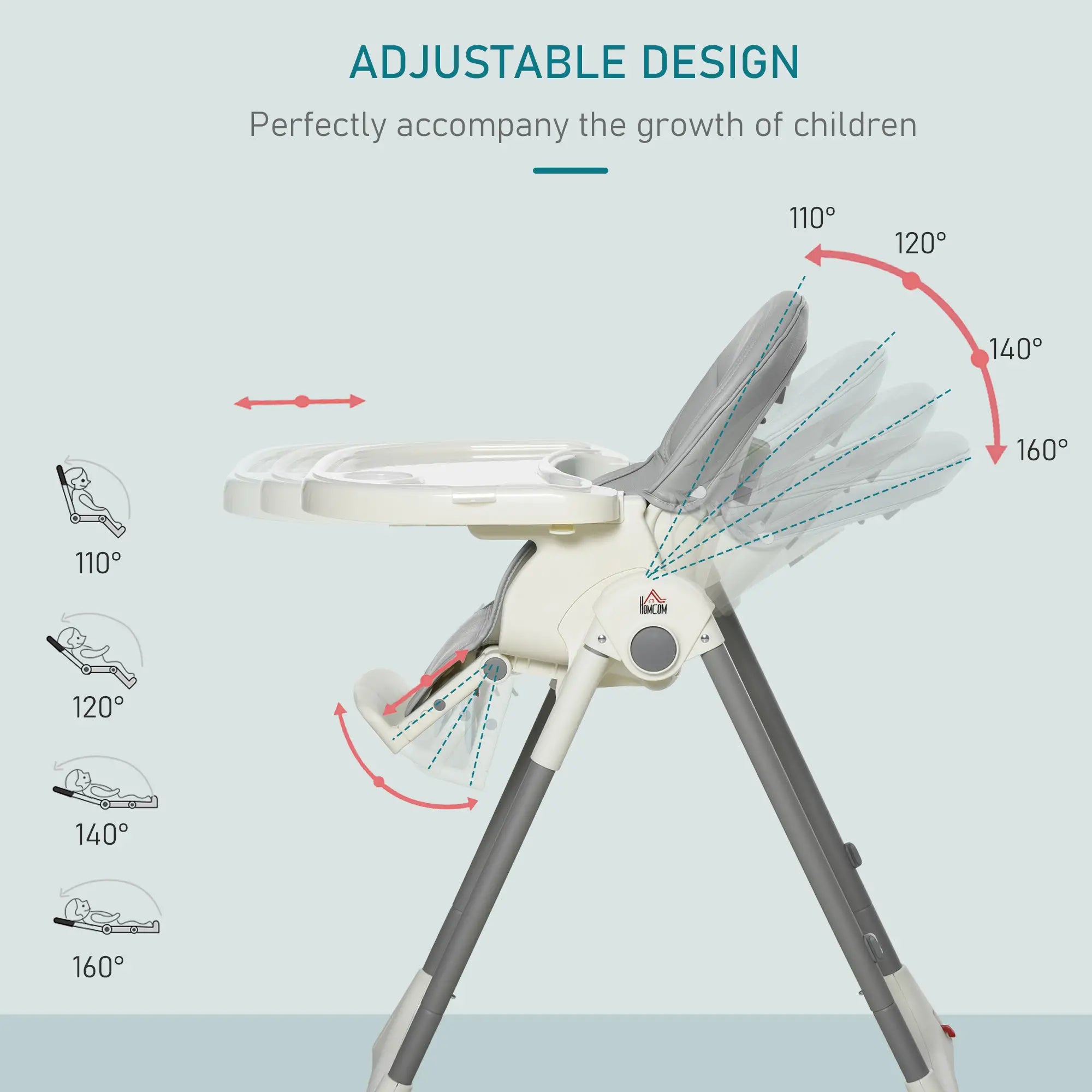 Foldable Baby High Chair Convertible Feeding Chair Height Adjustable with Adjustable Backrest Footrest and Removable Tray 5 Point Safety Harness for Kids 6 - 36 Months Grey