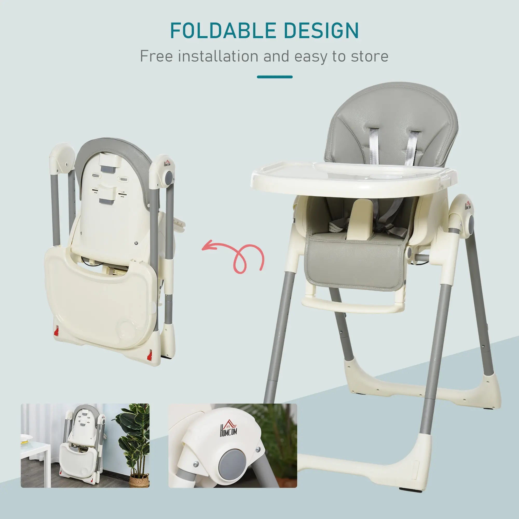 Foldable Baby High Chair Convertible Feeding Chair Height Adjustable with Adjustable Backrest Footrest and Removable Tray 5 Point Safety Harness for Kids 6 - 36 Months Grey