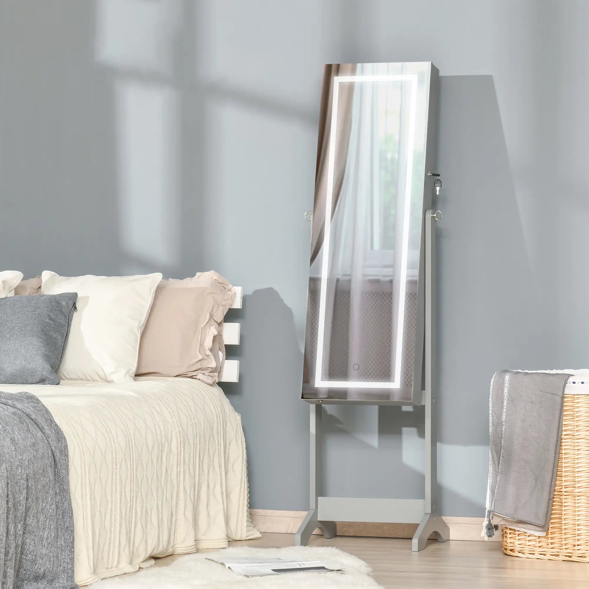 Jewellery Cabinet with LED Light, Lockable Jewellery Organiser with Full-Length Mirror for Bedroom Dressing Room, Grey Bargain Clearance Centre