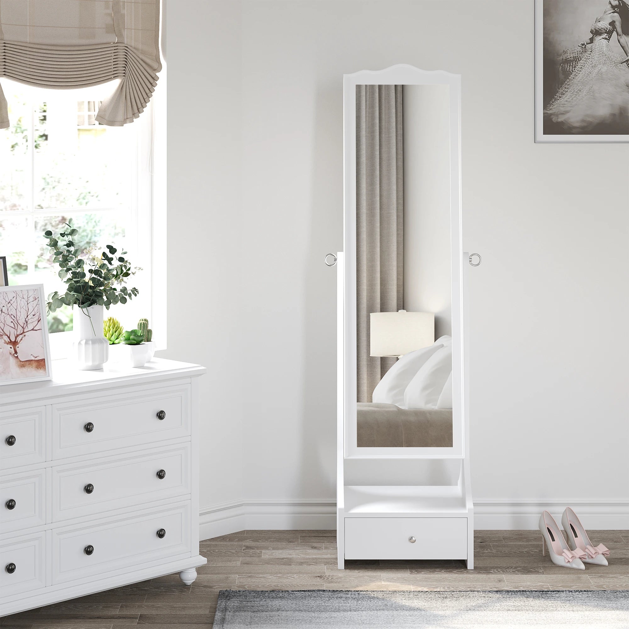 Jewellery Cabinet with led, mirroir Cabinet Armoire Floor Standing Flip-over Makeup Shelf Organizer with lock white