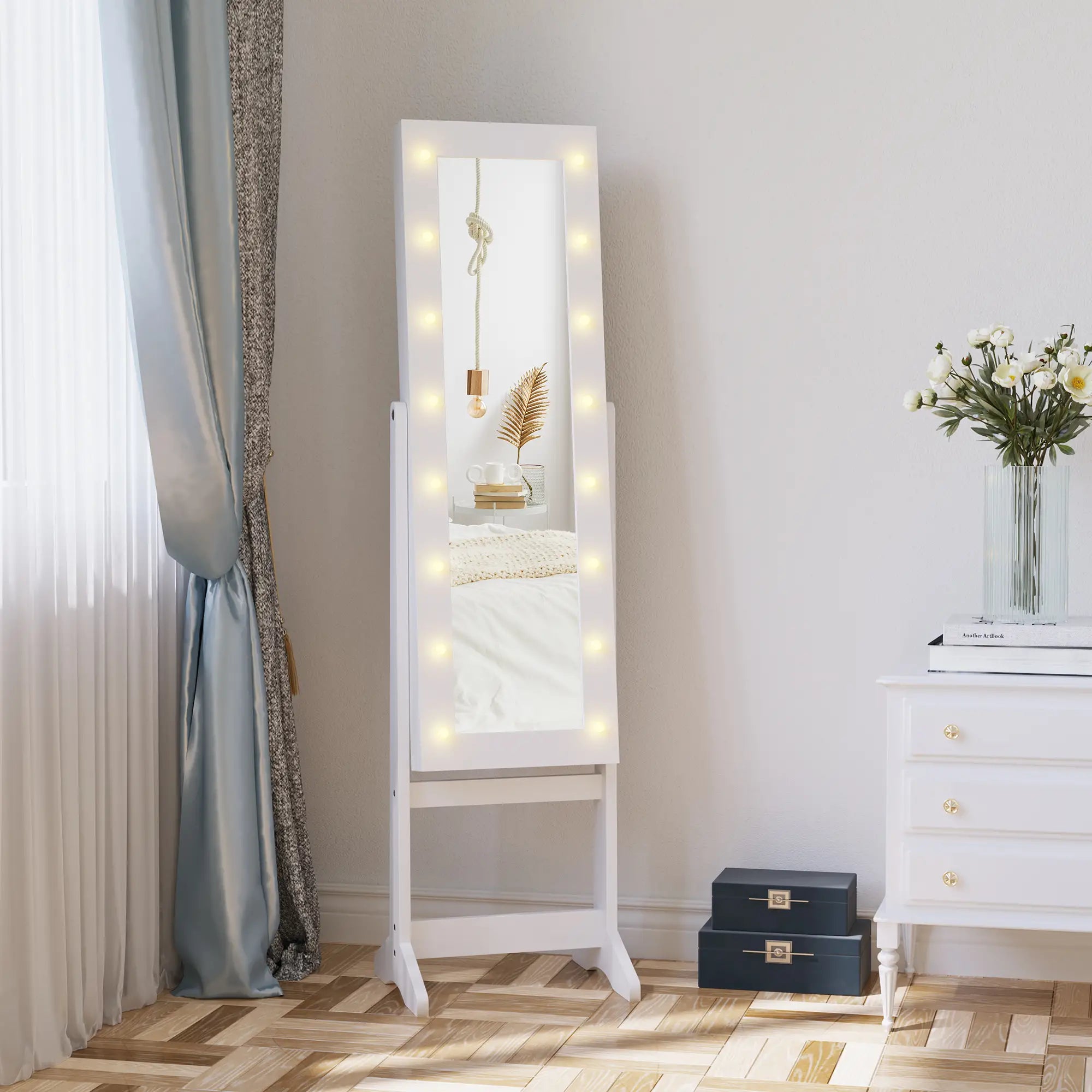 Free Standing LED Mirrored Jewelry Cabinet Armoire Floor Organiser W/ 3 Angle Adjustable For Rings Earrings Bracelets Cosmetics Warm White