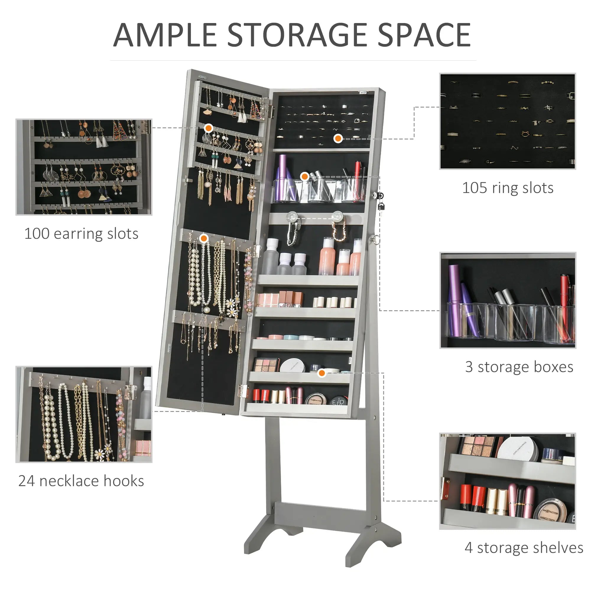 Jewellery Cabinet with LED Light, Lockable Jewellery Organiser with Full-Length Mirror for Bedroom Dressing Room, Grey Bargain Clearance Centre