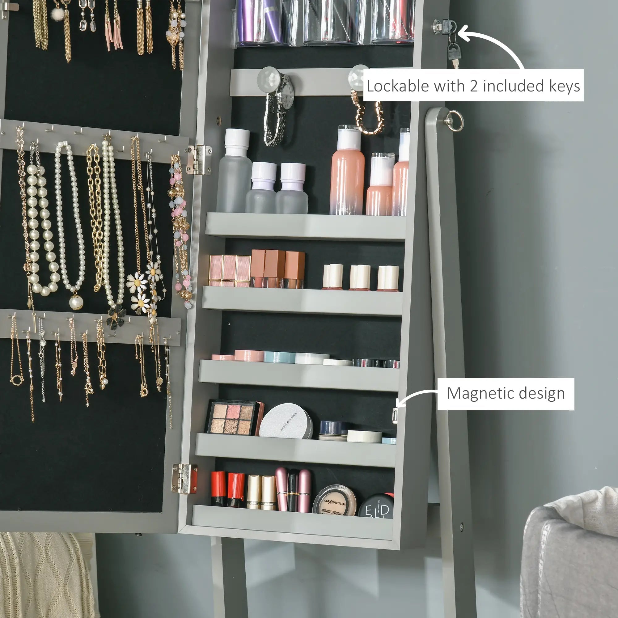 Jewellery Cabinet with LED Light, Lockable Jewellery Organiser with Full-Length Mirror for Bedroom Dressing Room, Grey Bargain Clearance Centre