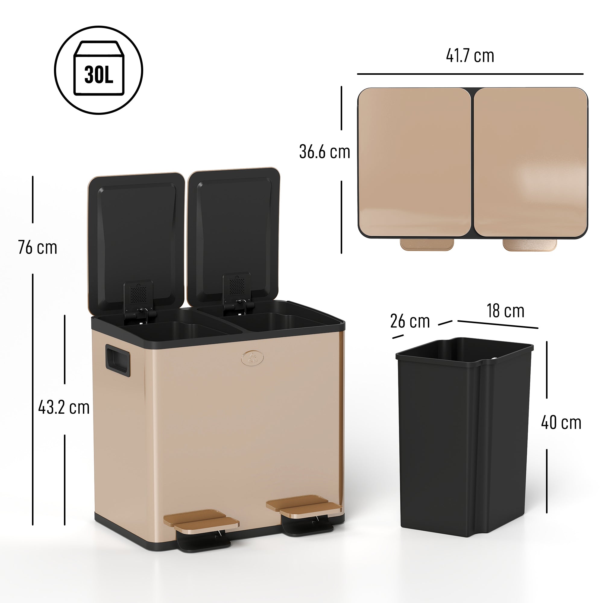 HOMCOM 2 x 15L Dual Kitchen Bin Pedal Bin for Recycling and Waste, Gold Tone