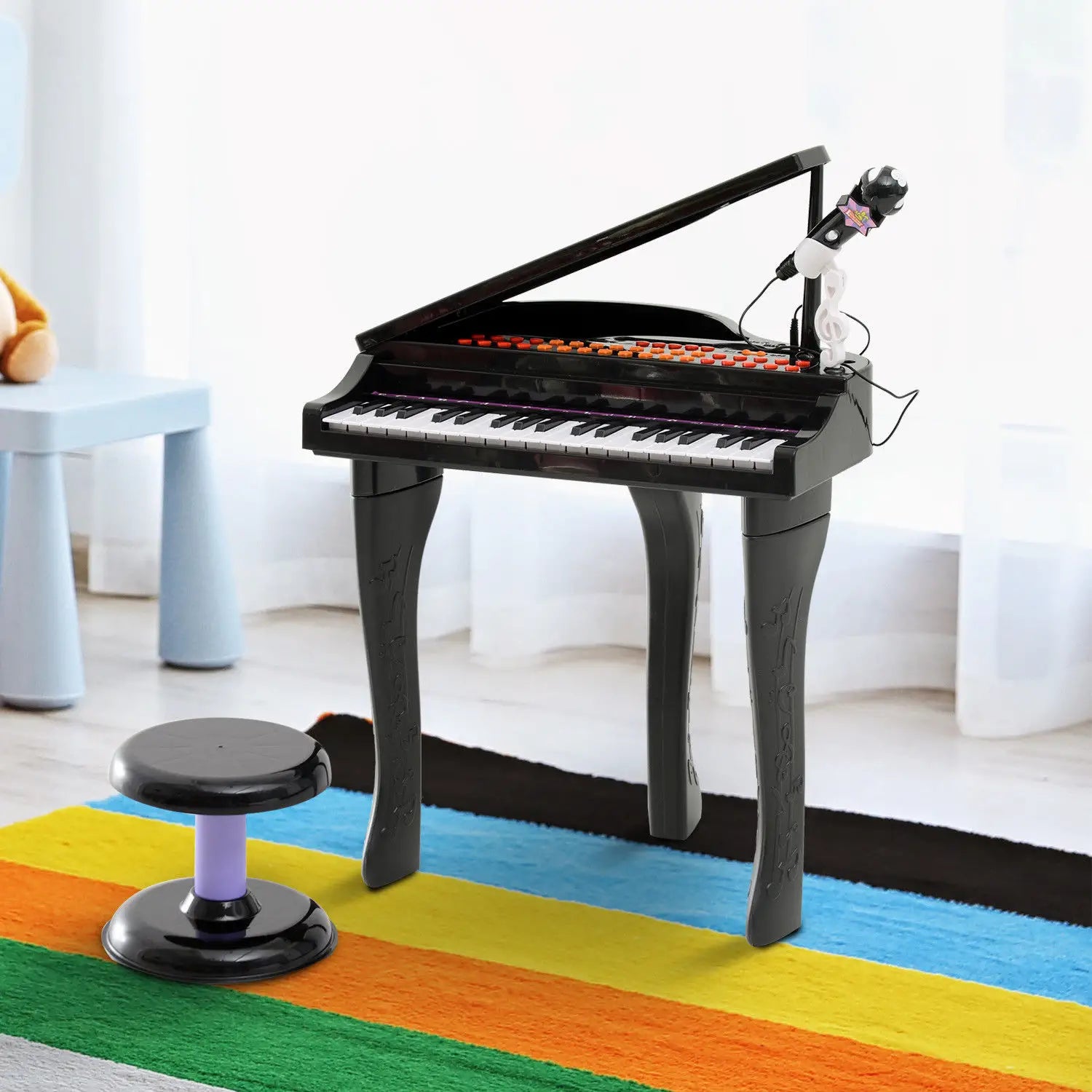 37 Keys Kids Mini Electronic Keyboard Children Grand Piano with Stool Microphone Light Musical Instrument Educational Game Toy Set (Black)