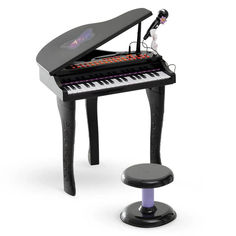 37 Keys Kids Mini Electronic Keyboard Children Grand Piano with Stool Microphone Light Musical Instrument Educational Game Toy Set (Black)
