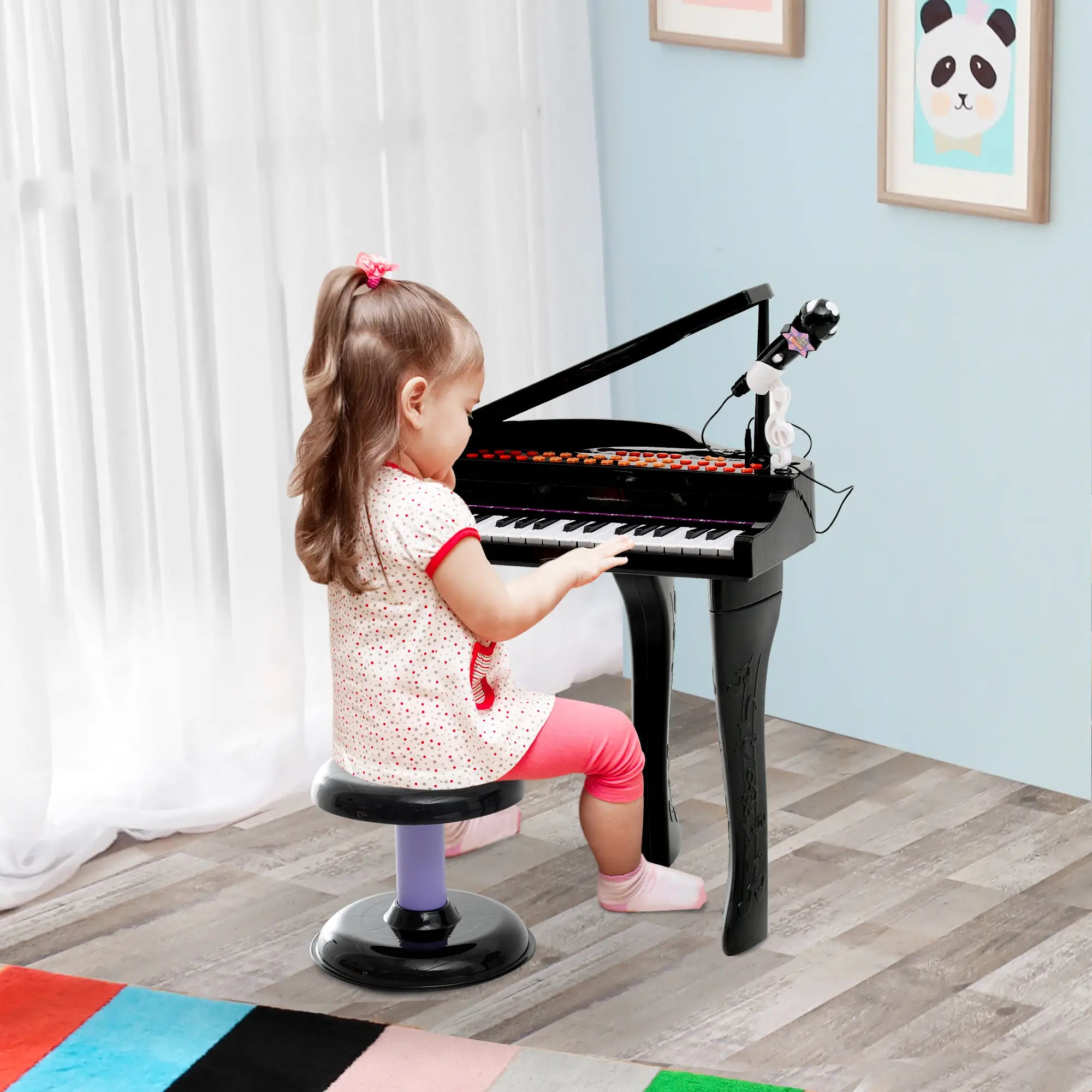 37 Keys Kids Mini Electronic Keyboard Children Grand Piano with Stool Microphone Light Musical Instrument Educational Game Toy Set (Black)