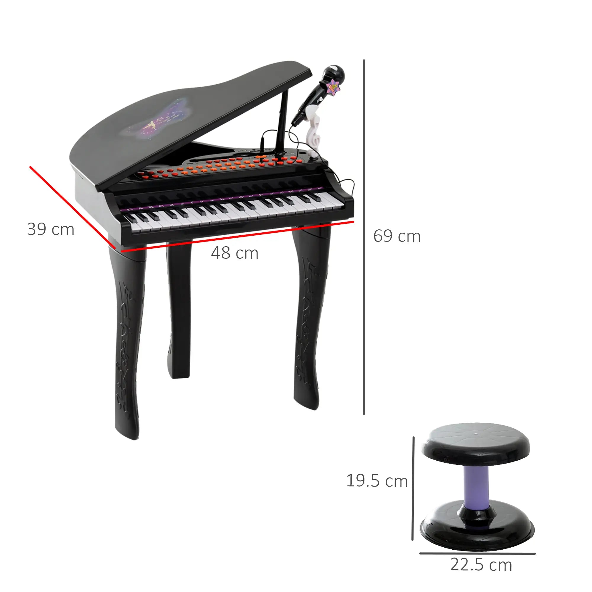 37 Keys Kids Mini Electronic Keyboard Children Grand Piano with Stool Microphone Light Musical Instrument Educational Game Toy Set (Black)