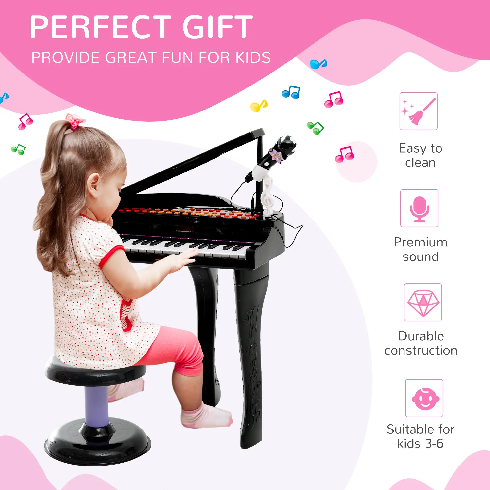 37 Keys Kids Mini Electronic Keyboard Children Grand Piano with Stool Microphone Light Musical Instrument Educational Game Toy Set (Black)