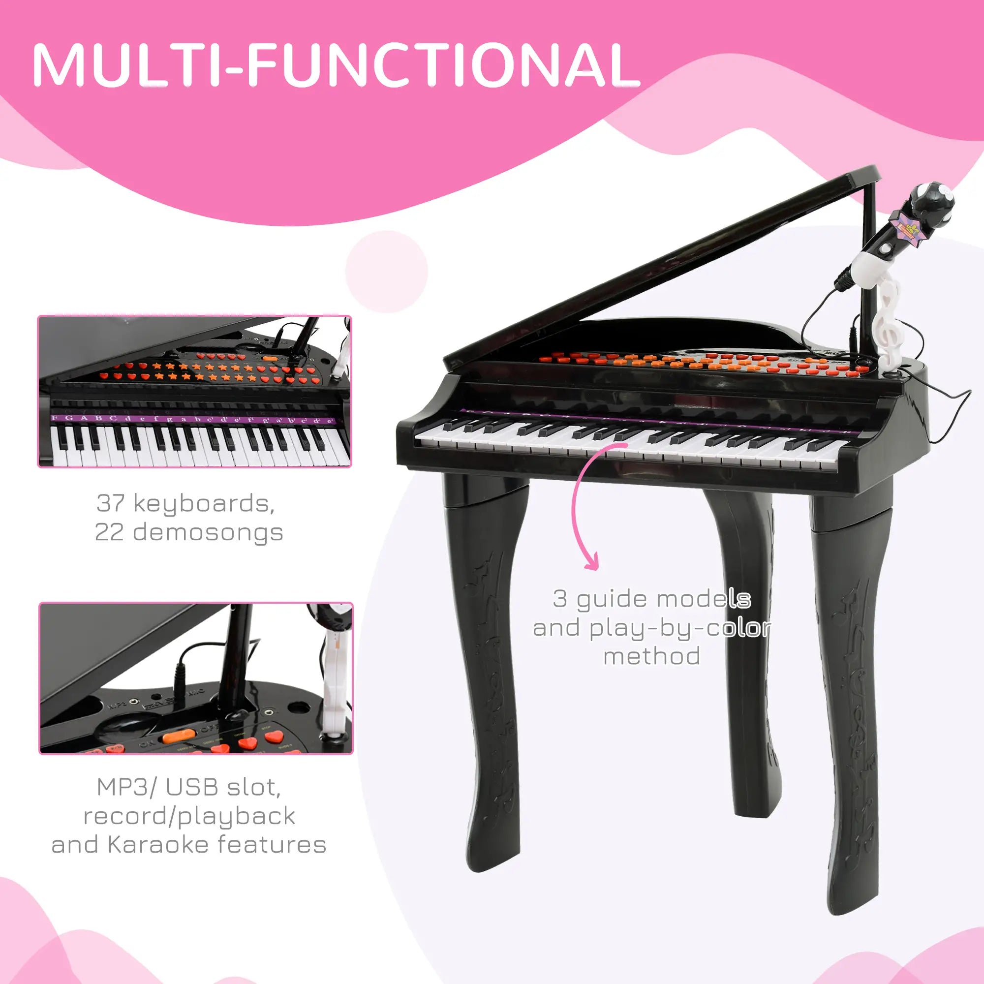 37 Keys Kids Mini Electronic Keyboard Children Grand Piano with Stool Microphone Light Musical Instrument Educational Game Toy Set (Black)
