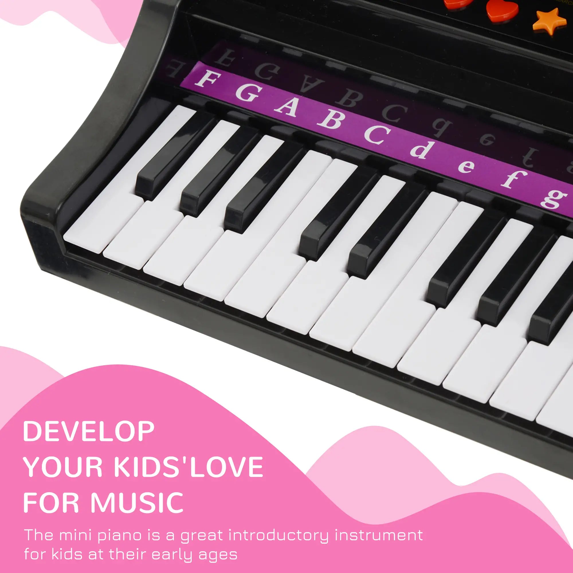 37 Keys Kids Mini Electronic Keyboard Children Grand Piano with Stool Microphone Light Musical Instrument Educational Game Toy Set (Black)