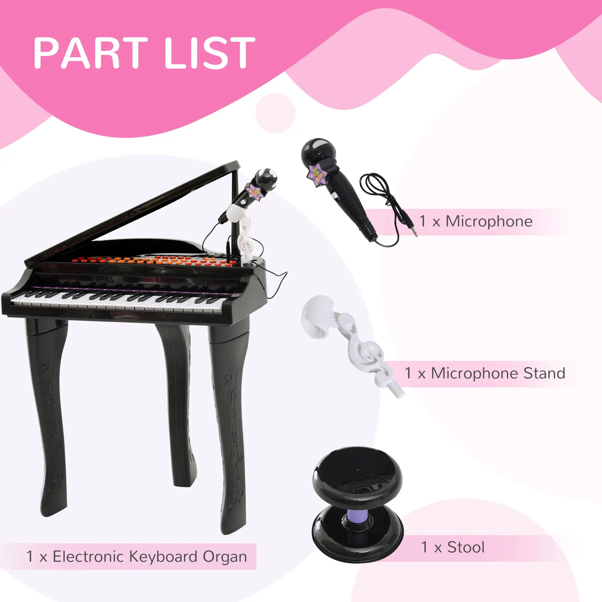 37 Keys Kids Mini Electronic Keyboard Children Grand Piano with Stool Microphone Light Musical Instrument Educational Game Toy Set (Black)