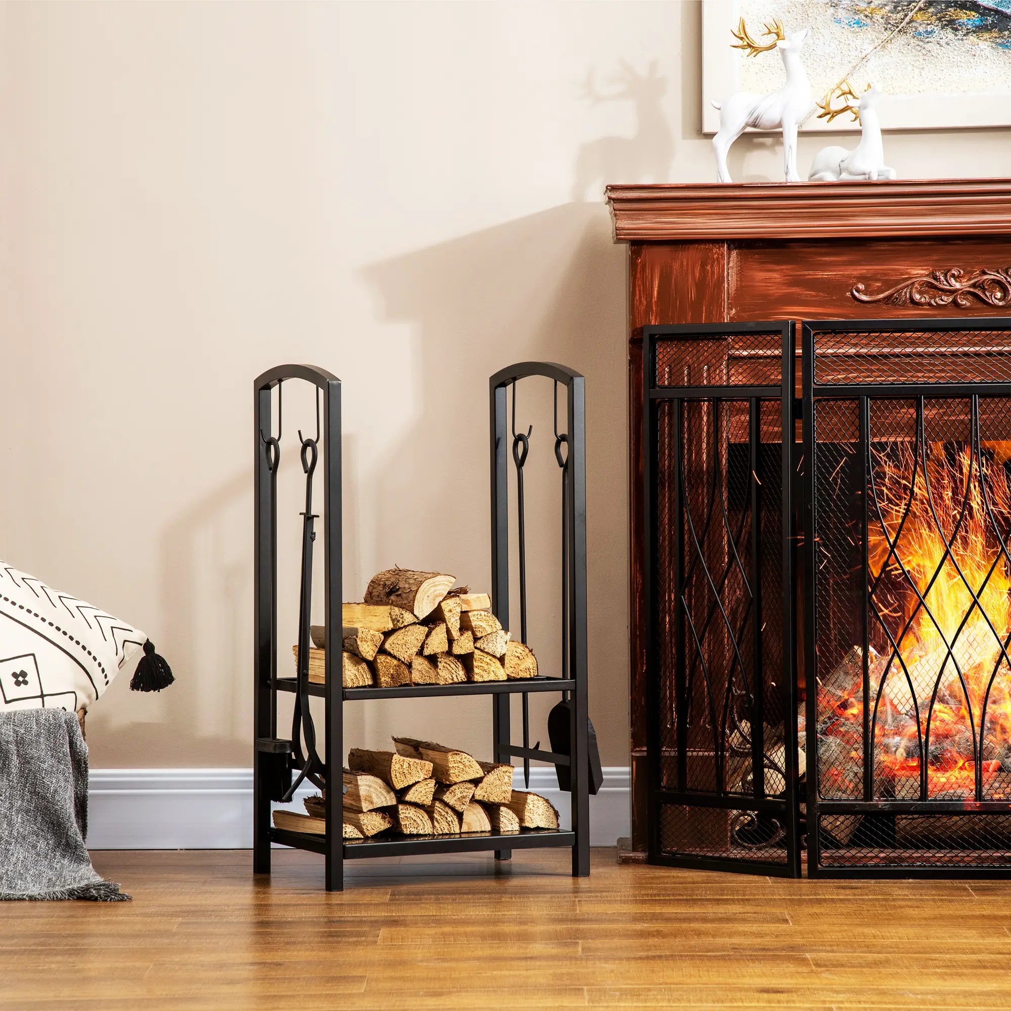 Metal Firewood Log Holder 2 Layer Firewood Rack Indoor Outdoor Fireplace Wood Storage Shelf with 4 Tools and Hooks, Black, 40L x 30W x 74.5H cm