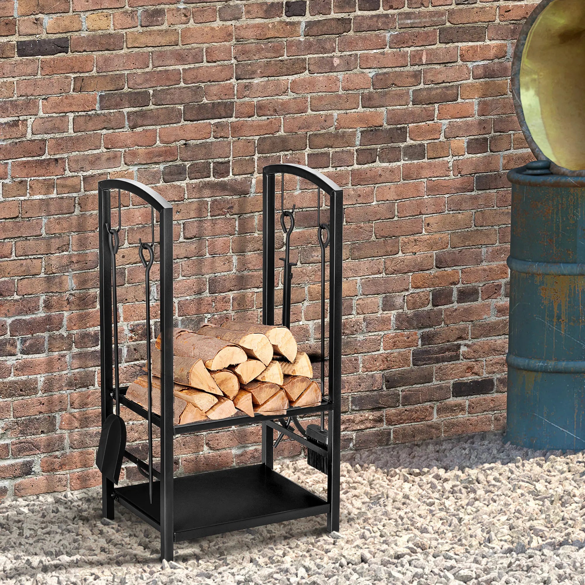 Metal Firewood Log Holder 2 Layer Firewood Rack Indoor Outdoor Fireplace Wood Storage Shelf with 4 Tools and Hooks, Black, 40L x 30W x 74.5H cm