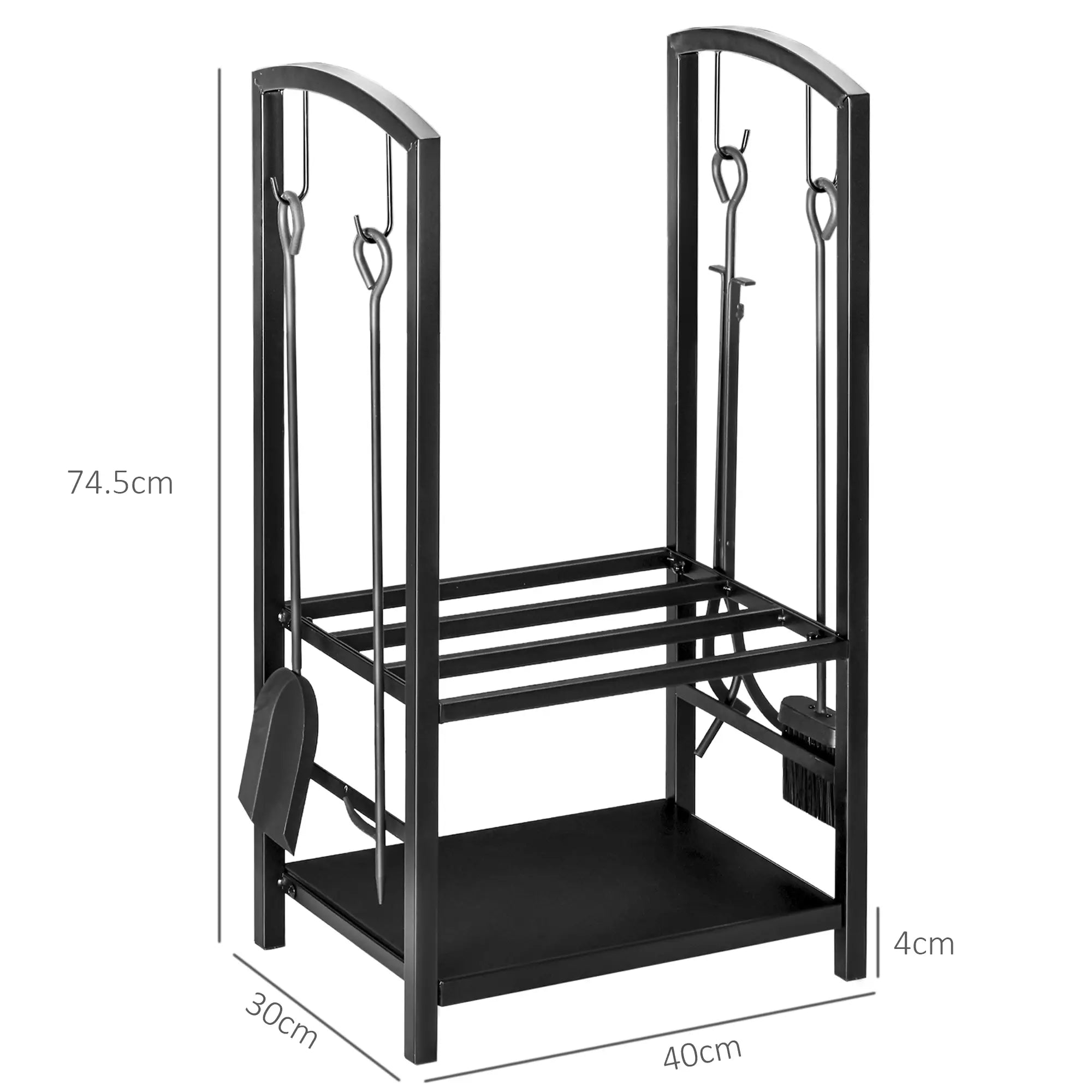 Metal Firewood Log Holder 2 Layer Firewood Rack Indoor Outdoor Fireplace Wood Storage Shelf with 4 Tools and Hooks, Black, 40L x 30W x 74.5H cm