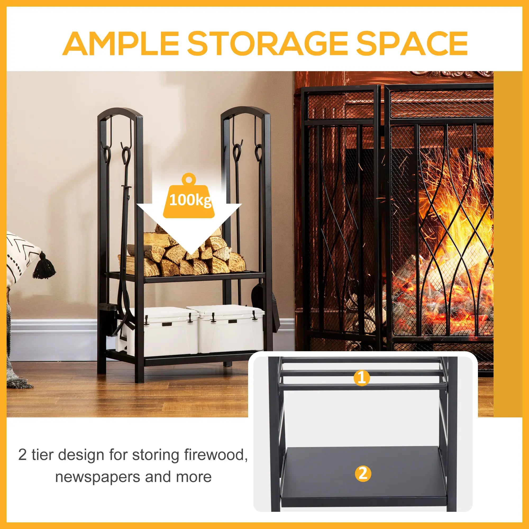 Metal Firewood Log Holder 2 Layer Firewood Rack Indoor Outdoor Fireplace Wood Storage Shelf with 4 Tools and Hooks, Black, 40L x 30W x 74.5H cm