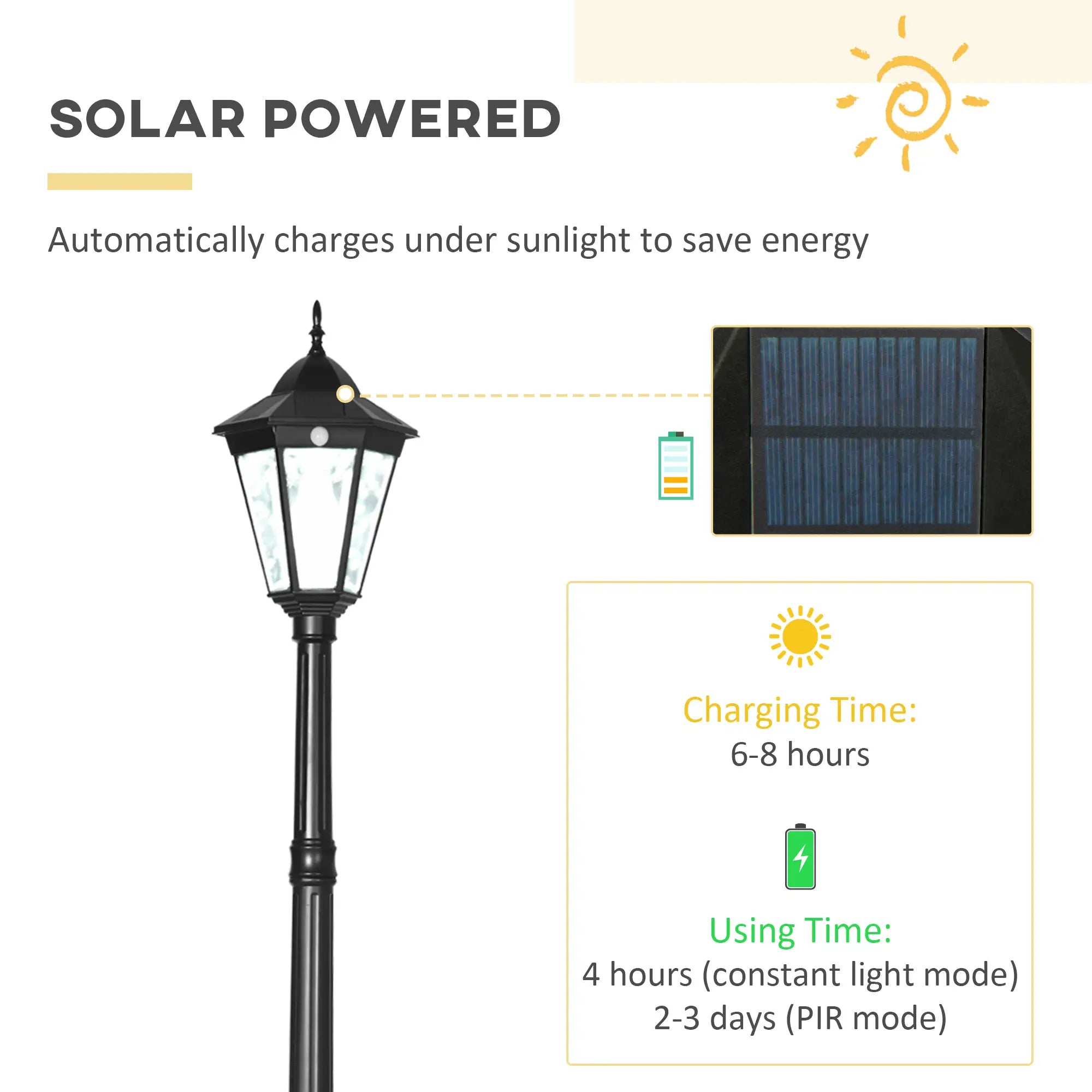 2.4 m Garden Lamp Post Light, LED Solar Powered Patio Path Lighting Lamp with Aluminium Frame, PIR Motion Sensor for Lawn, Pathway, Driveway, Black